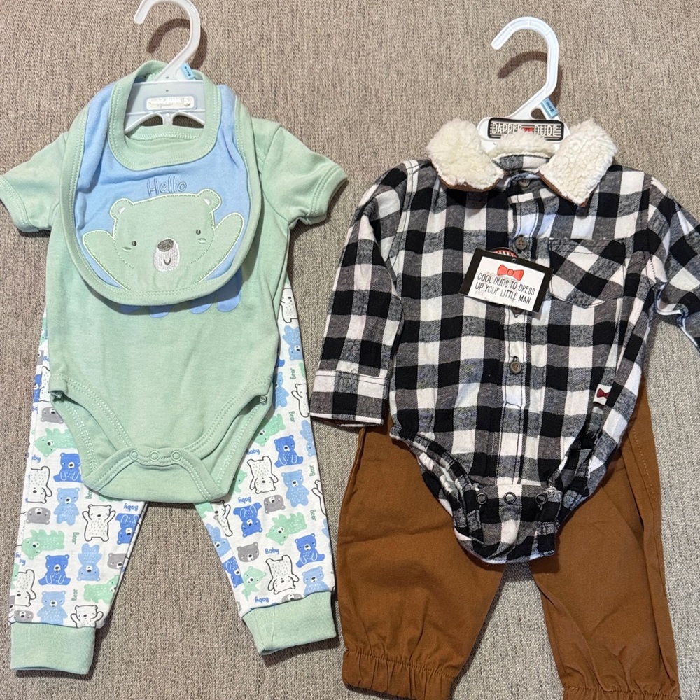Baby Outfit Set with Bear Print and Plaid Shirt